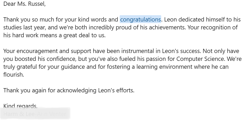 Student thank you note